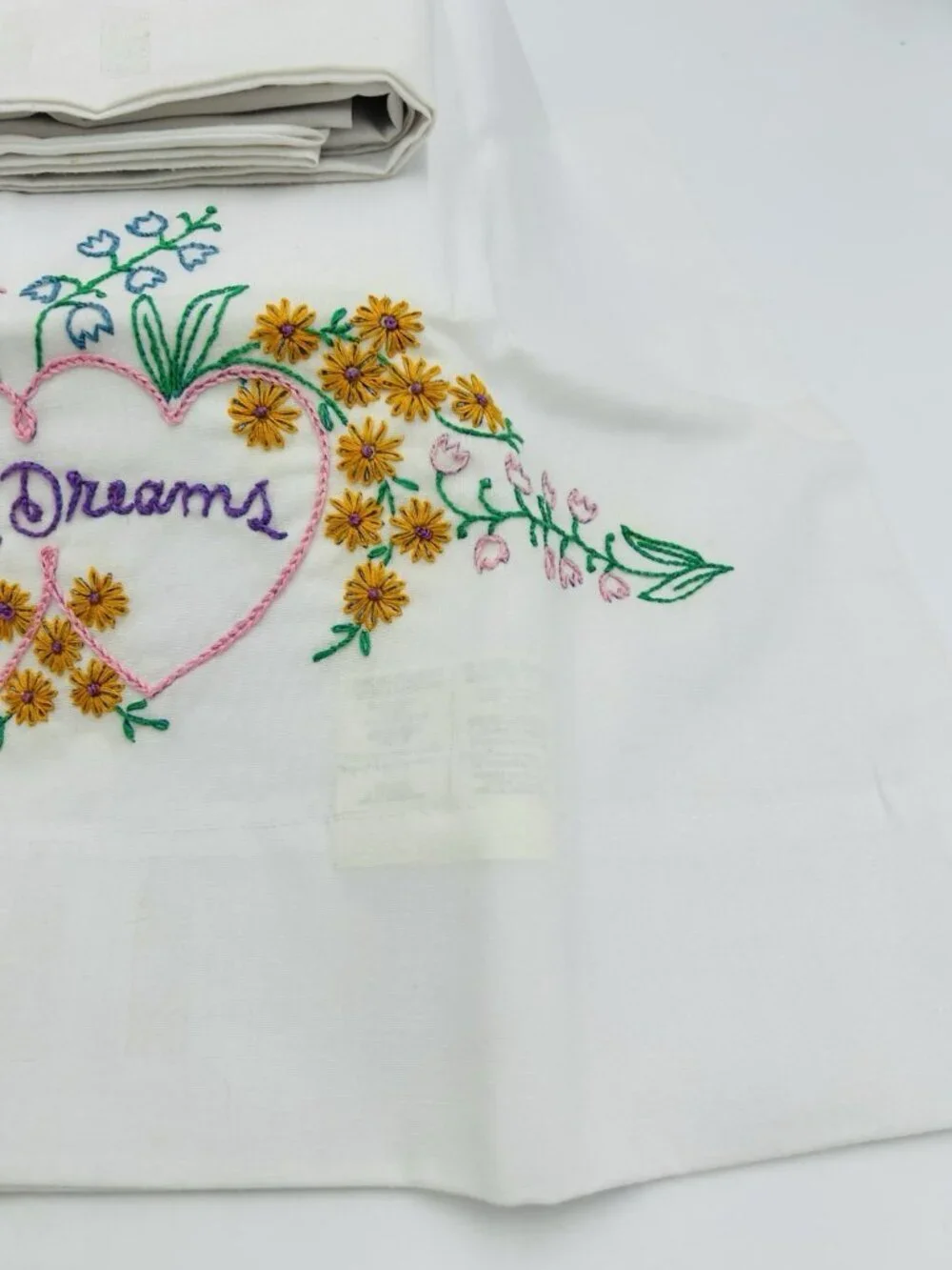 Vintage Hand Embroidered Pillowcases Pair Standard White Floral SWEET DREAMS
